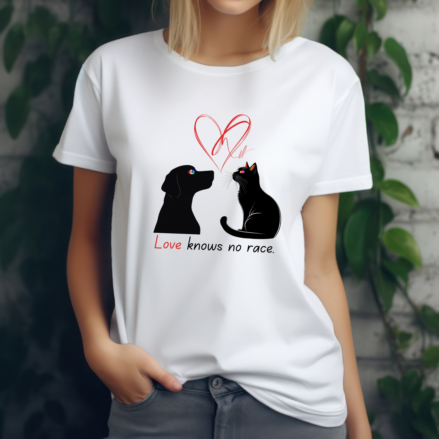 Love Knows No Race T-Shirt – Minimalist Cat & Dog Design for Valentine’s Day