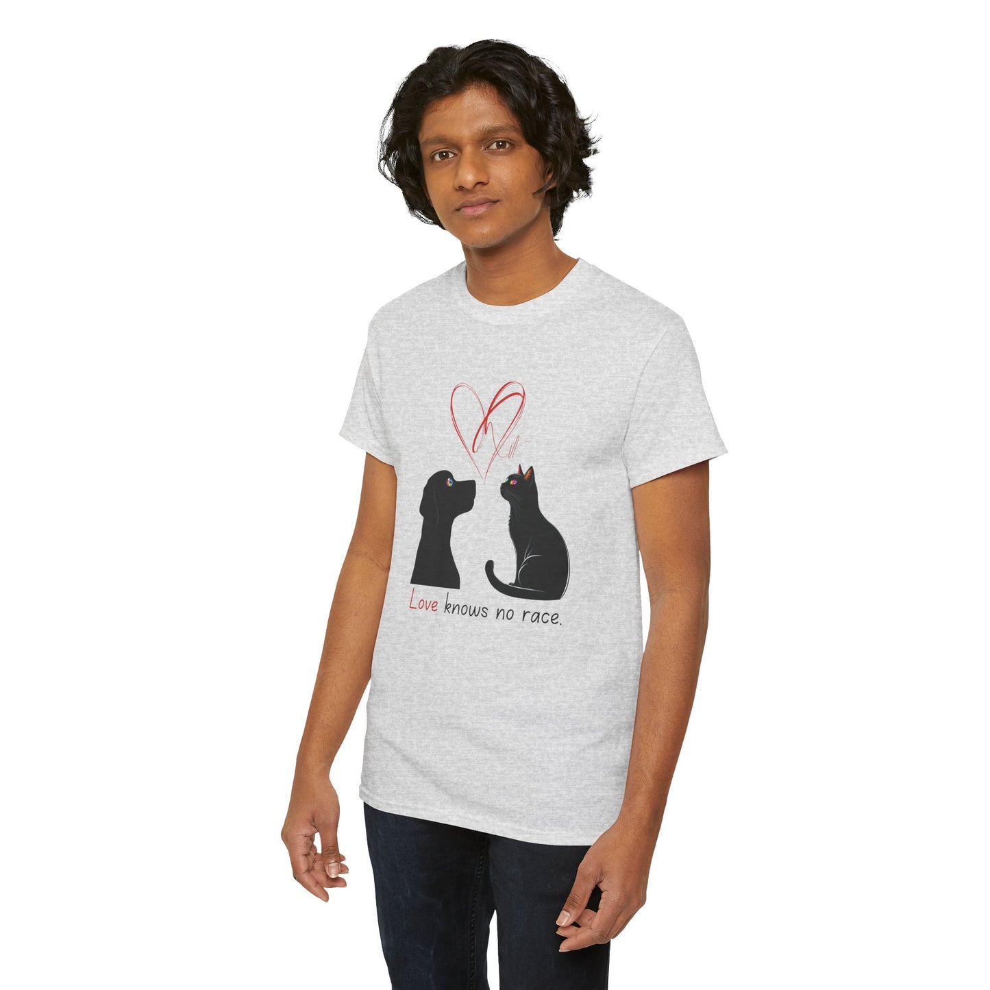 Love Knows No Race T-Shirt – Minimalist Cat & Dog Design for Valentine’s Day