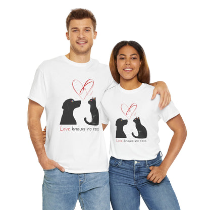 Love Knows No Race T-Shirt – Minimalist Cat & Dog Design for Valentine’s Day