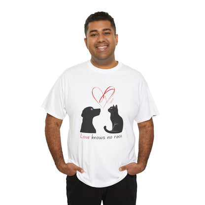 Love Knows No Race T-Shirt – Minimalist Cat & Dog Design for Valentine’s Day