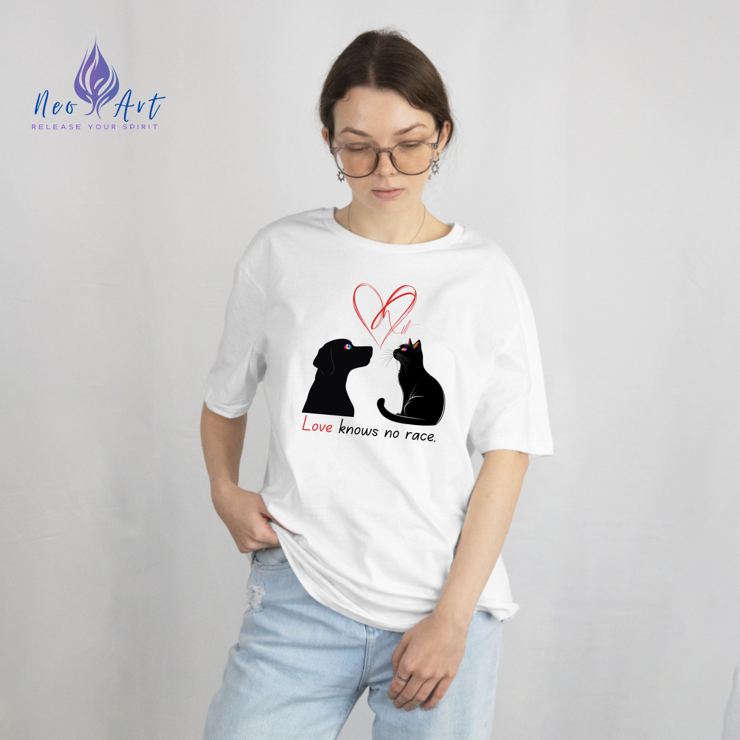 Love Knows No Race T-Shirt – Minimalist Cat & Dog Design for Valentine’s Day