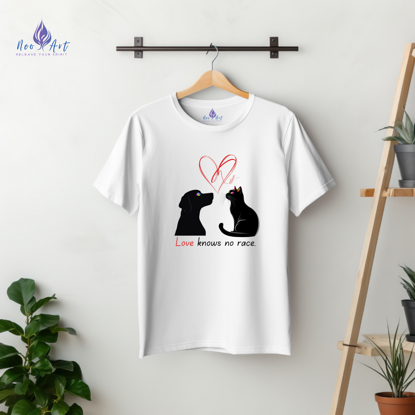 Love Knows No Race T-Shirt – Minimalist Cat & Dog Design for Valentine’s Day