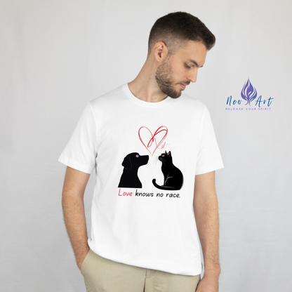 Love Knows No Race T-Shirt – Minimalist Cat & Dog Design for Valentine’s Day