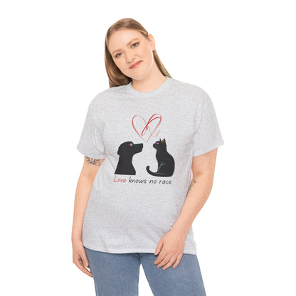 Love Knows No Race T-Shirt – Minimalist Cat & Dog Design for Valentine’s Day