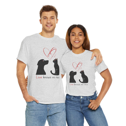 Love Knows No Race T-Shirt – Minimalist Cat & Dog Design for Valentine’s Day