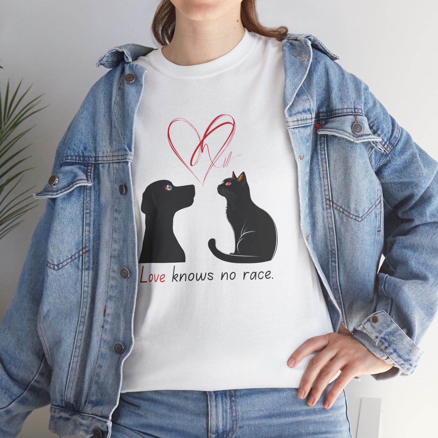 Love Knows No Race T-Shirt – Minimalist Cat & Dog Design for Valentine’s Day