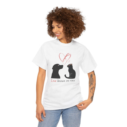 Love Knows No Race T-Shirt – Minimalist Cat & Dog Design for Valentine’s Day