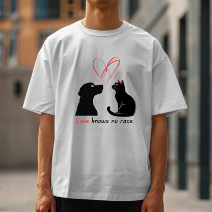 Love Knows No Race T-Shirt – Minimalist Cat & Dog Design for Valentine’s Day