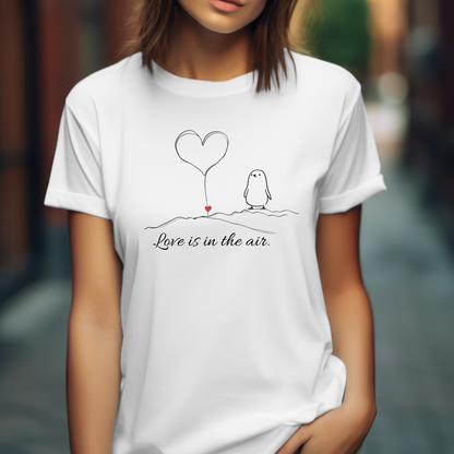 Love Is in the Air T-Shirt – Minimalistisches romantisches Pinguin-Design zum Valentinstag