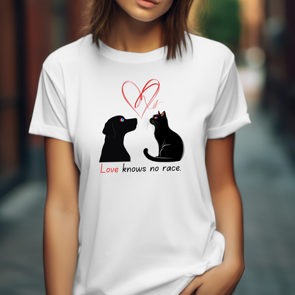 Love Knows No Race T-Shirt – Minimalist Cat & Dog Design for Valentine’s Day