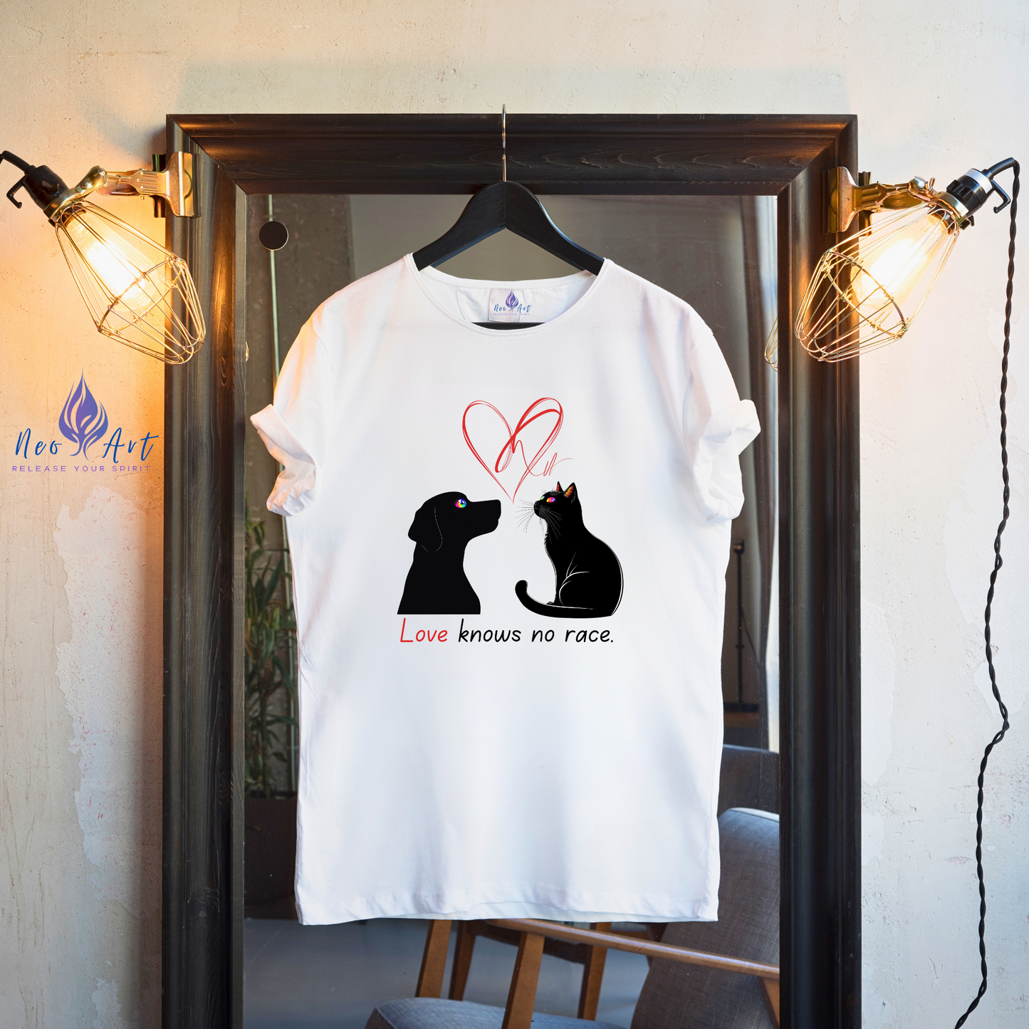 Love Knows No Race T-Shirt – Minimalist Cat & Dog Design for Valentine’s Day