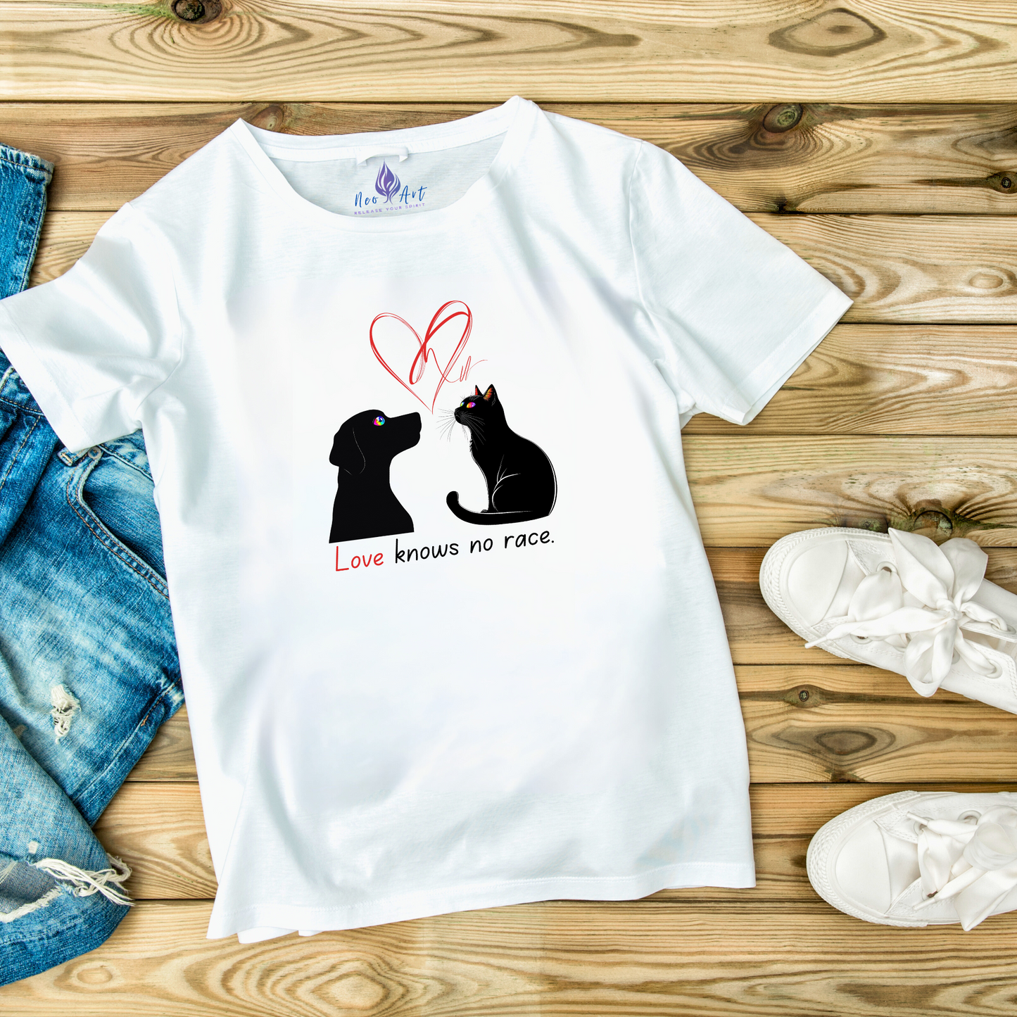 Love Knows No Race T-Shirt – Minimalist Cat & Dog Design for Valentine’s Day