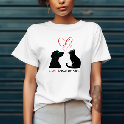 Love Knows No Race T-Shirt – Minimalist Cat & Dog Design for Valentine’s Day